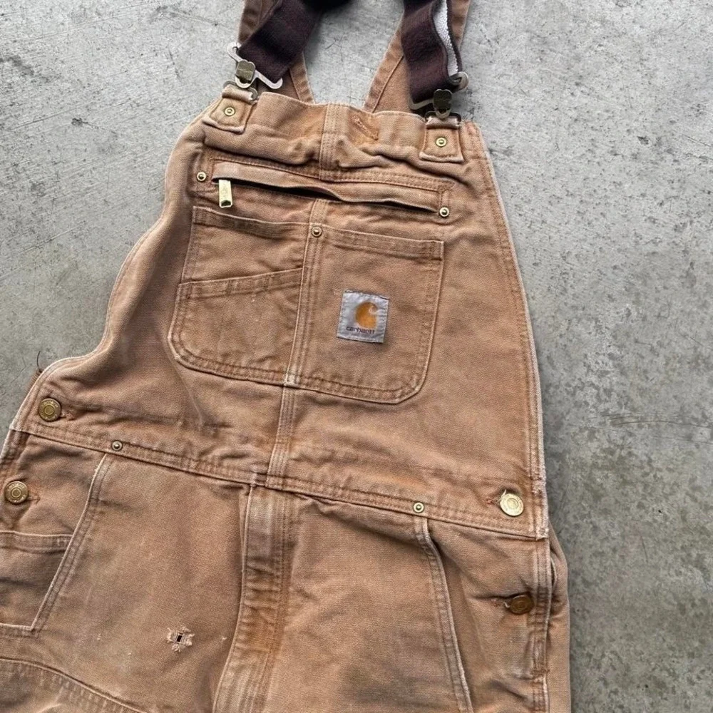 Vintage Carhartt Overalls Faded Distressed Dungarees 34/30 Tan Duck Double Knee - Picture 5 of 7